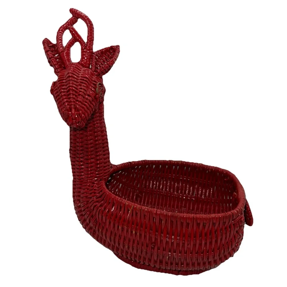 Christmas Holiday Reindeer‎ Red Painted Basket Table Decor Wicker Rattan Gift